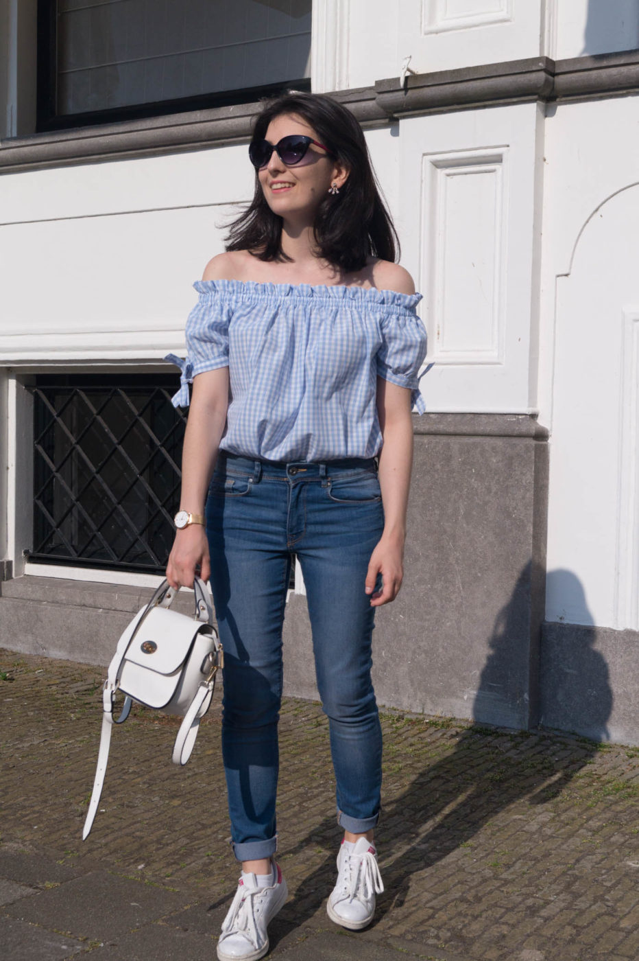 Gingham top with jeans