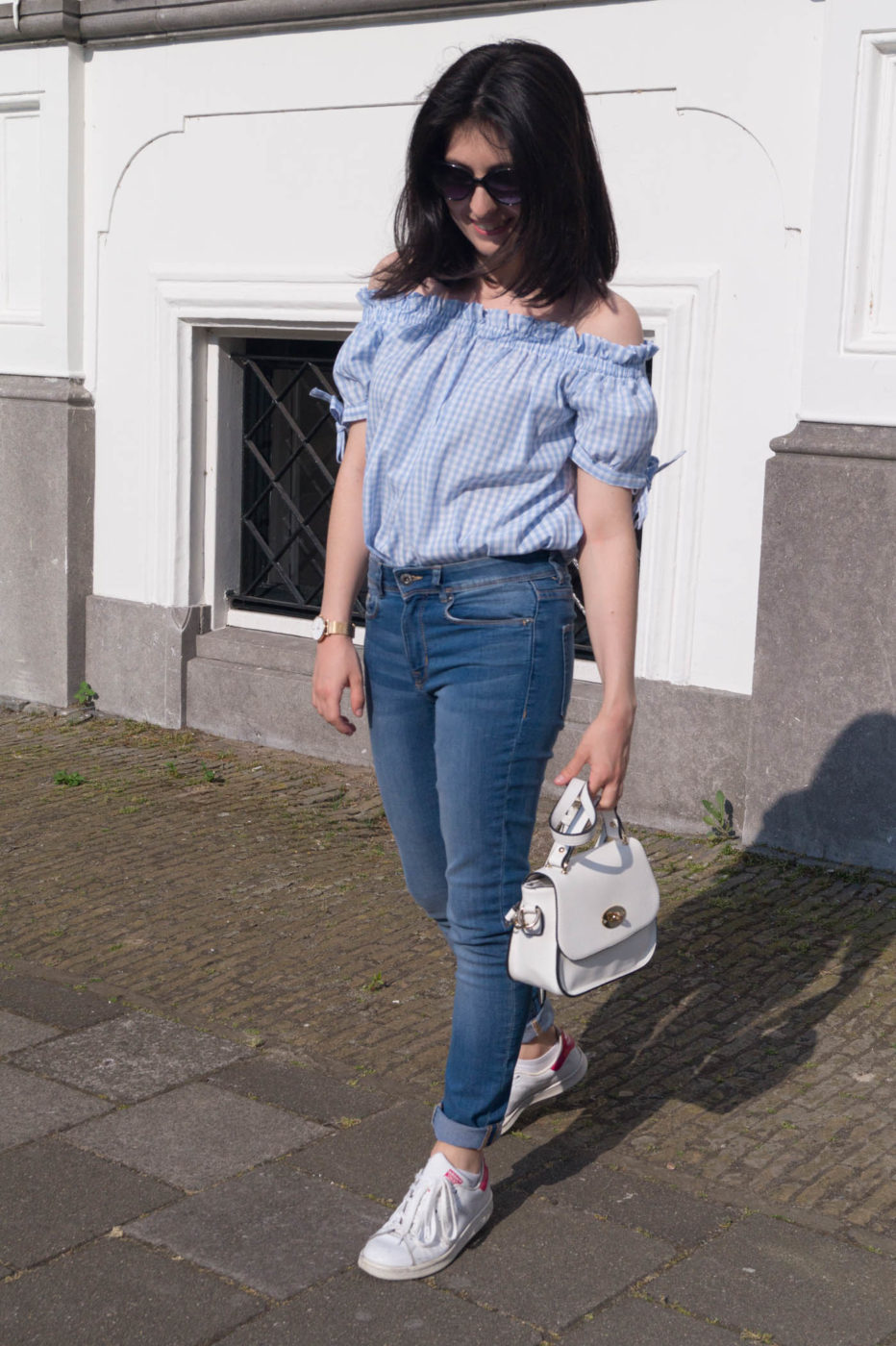 Gingham top with jeans